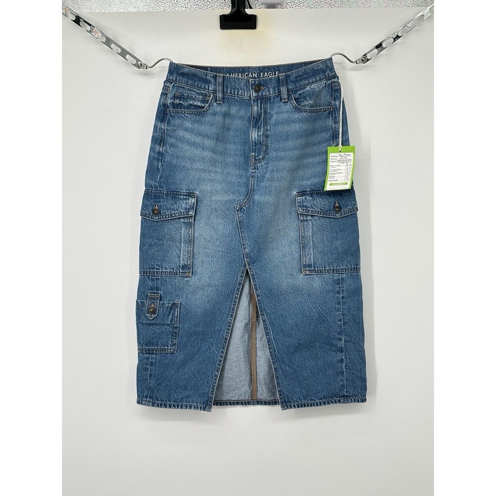 NWT American Eagle Jean Skirt 4 Blue Light High Rise Midi Slit Stretch Denim